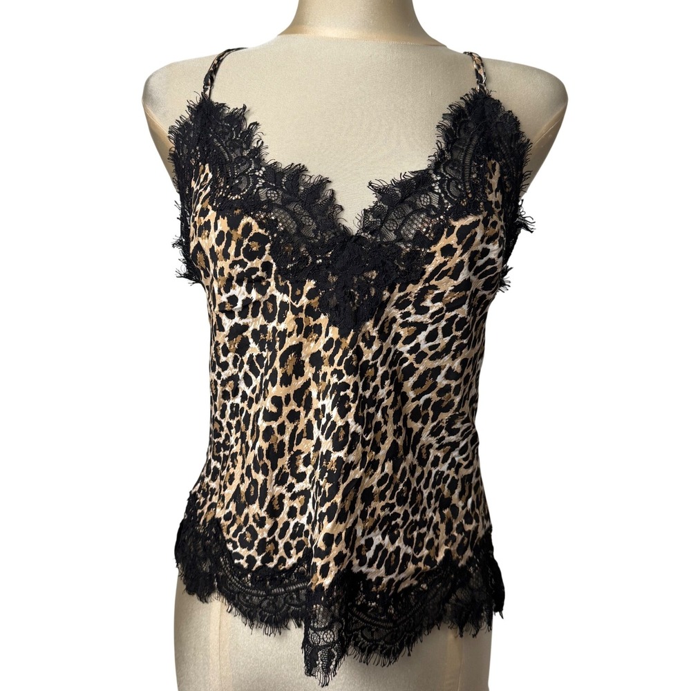 Gold Hawk Leopard Silk Lace Trim Cami Tank Top Small Brown Black Y2K Lace